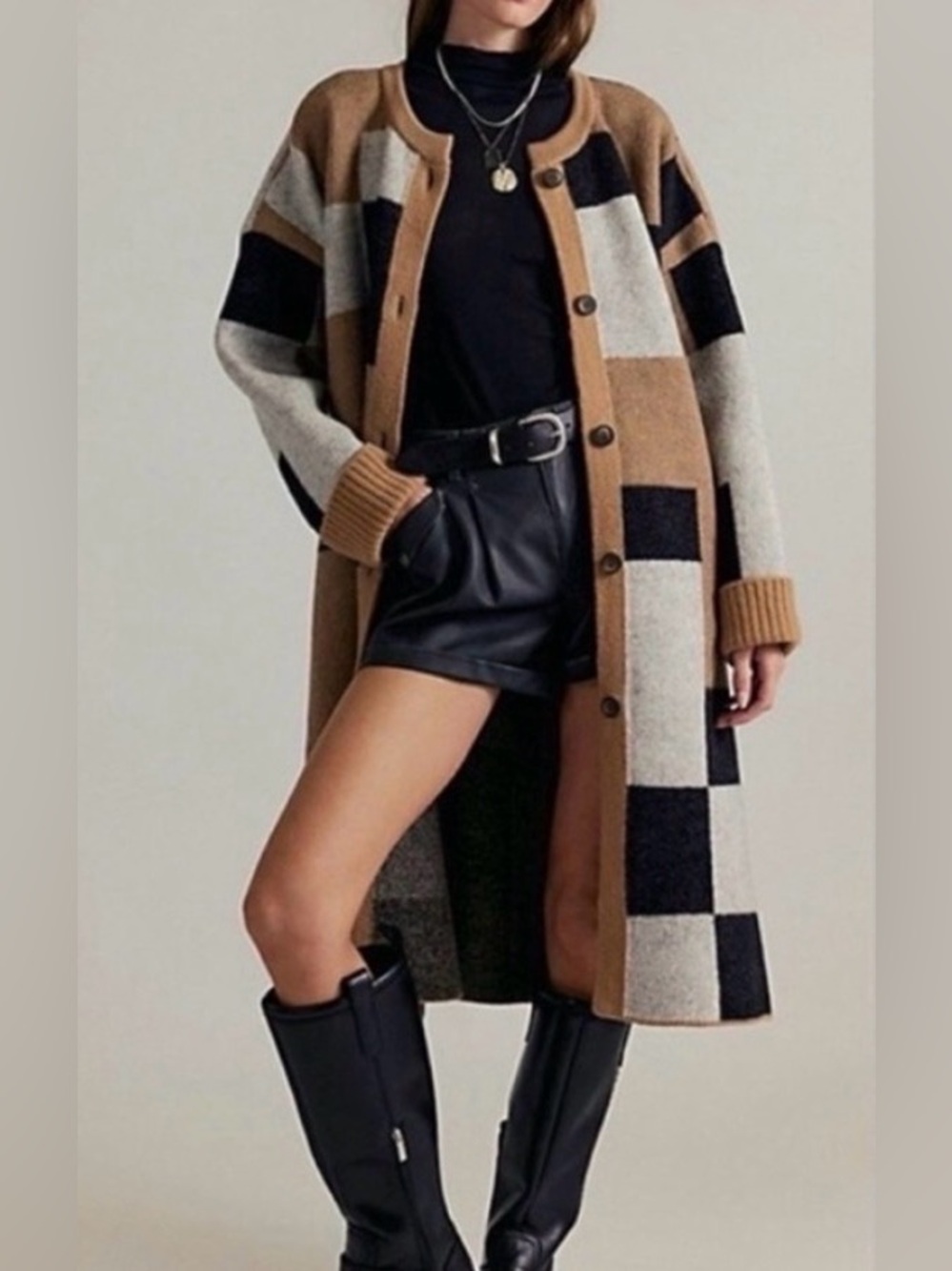 FREE PEOPLE check me out long checker merino wool cardigan